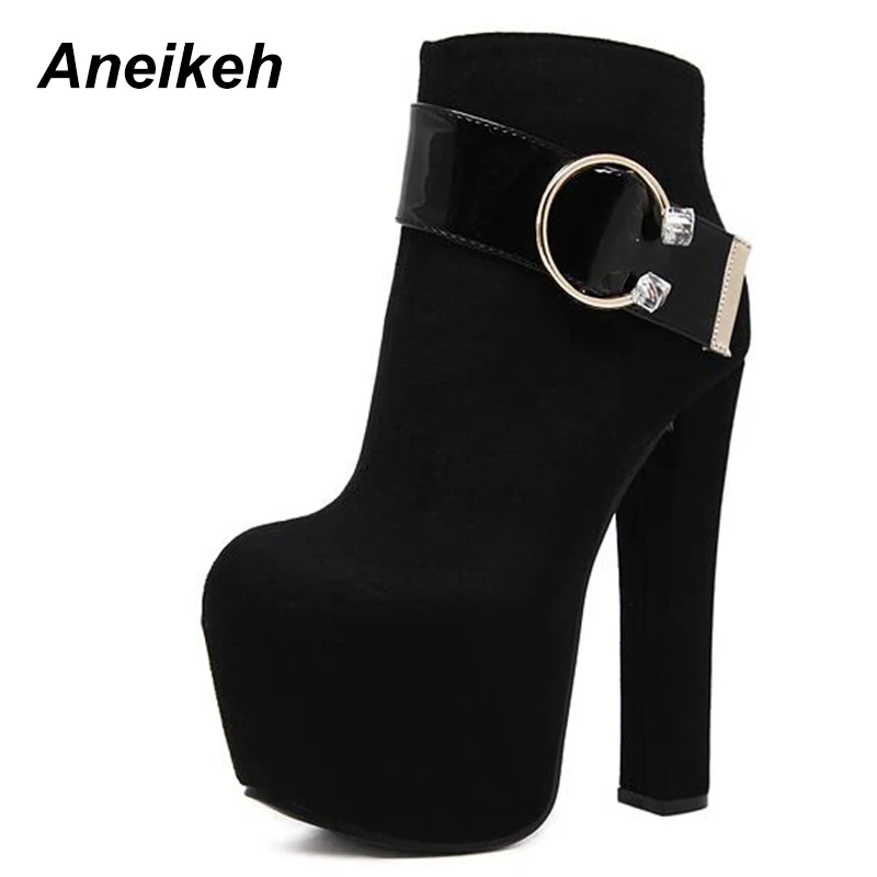 

Aneikeh 2018 Winter New Flock Women Shoes Boots Rivet Round Toe Platform Ankle Boots Fashion Black Ladies Boots Shoes Size 34-40