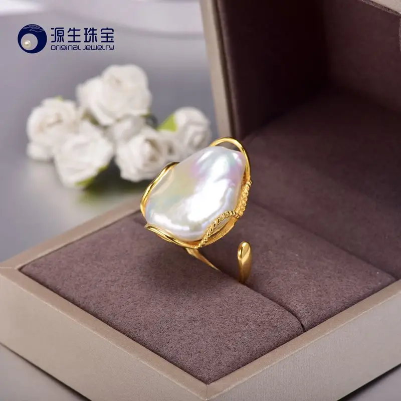 YS 925 Silver Ring 20 28mm Big Size Baroque Irregular Pearl Ring