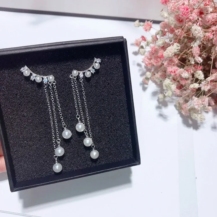 tassel pearls cz earrings 925 silver stud Hypoallergenic fadeless alloy fashion jewelry stud earrings for women gift
