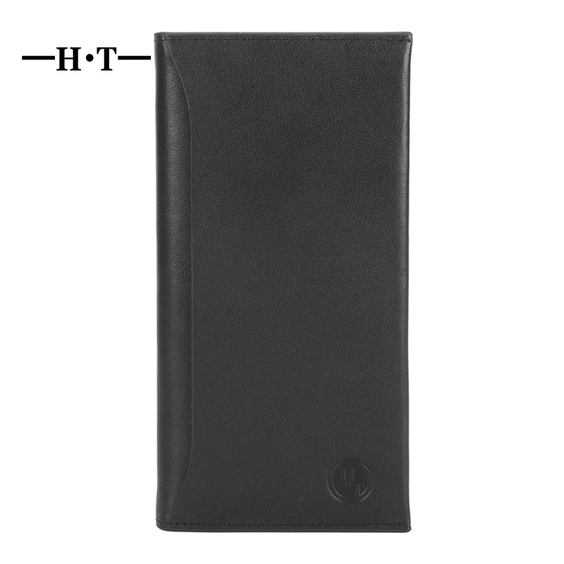 

HT Long Purse Genuine Leather Wallet Folded Thin Wallets Black Pouch Simple Style Notecase Male Carteria Credit Card Slots