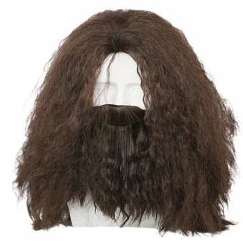 

X-COSTUME Hagrid Costume Props Cosplay Costume Brown Long Curly Wavy Hair Accessories With Beard Hot Sale