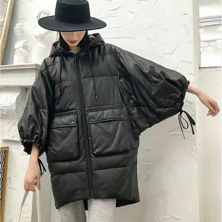 Oversize batwing sleeve female real sheep leather hooded jacket Korea ...