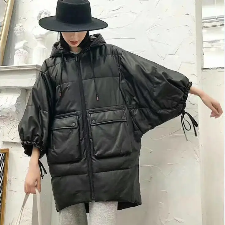 Oversize batwing sleeve female real sheep leather hooded jacket Korea and Japan style casual