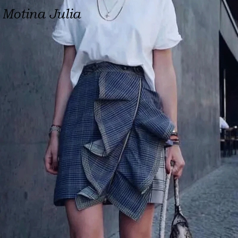 Motina Julia 2018 крутая юбка с оборками Женская клетчатая мини-юбка в стиле пэчворк