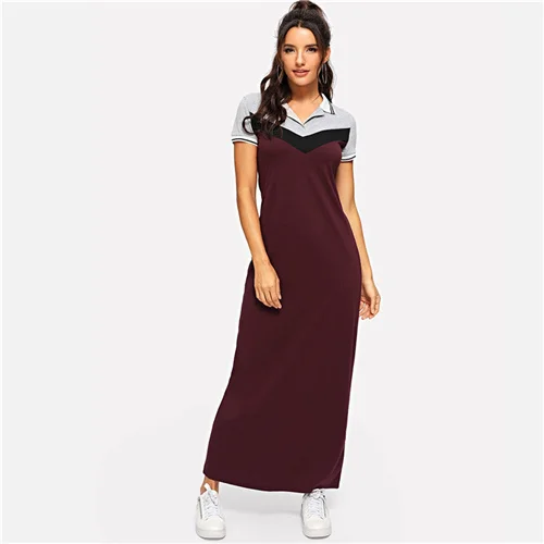SweatyRocks, длинное платье поло с цветными блоками, уличная одежда, женская повседневная одежда с коротким рукавом,, летнее Бордовое платье макси-рубашка - Цвет: Бургундия