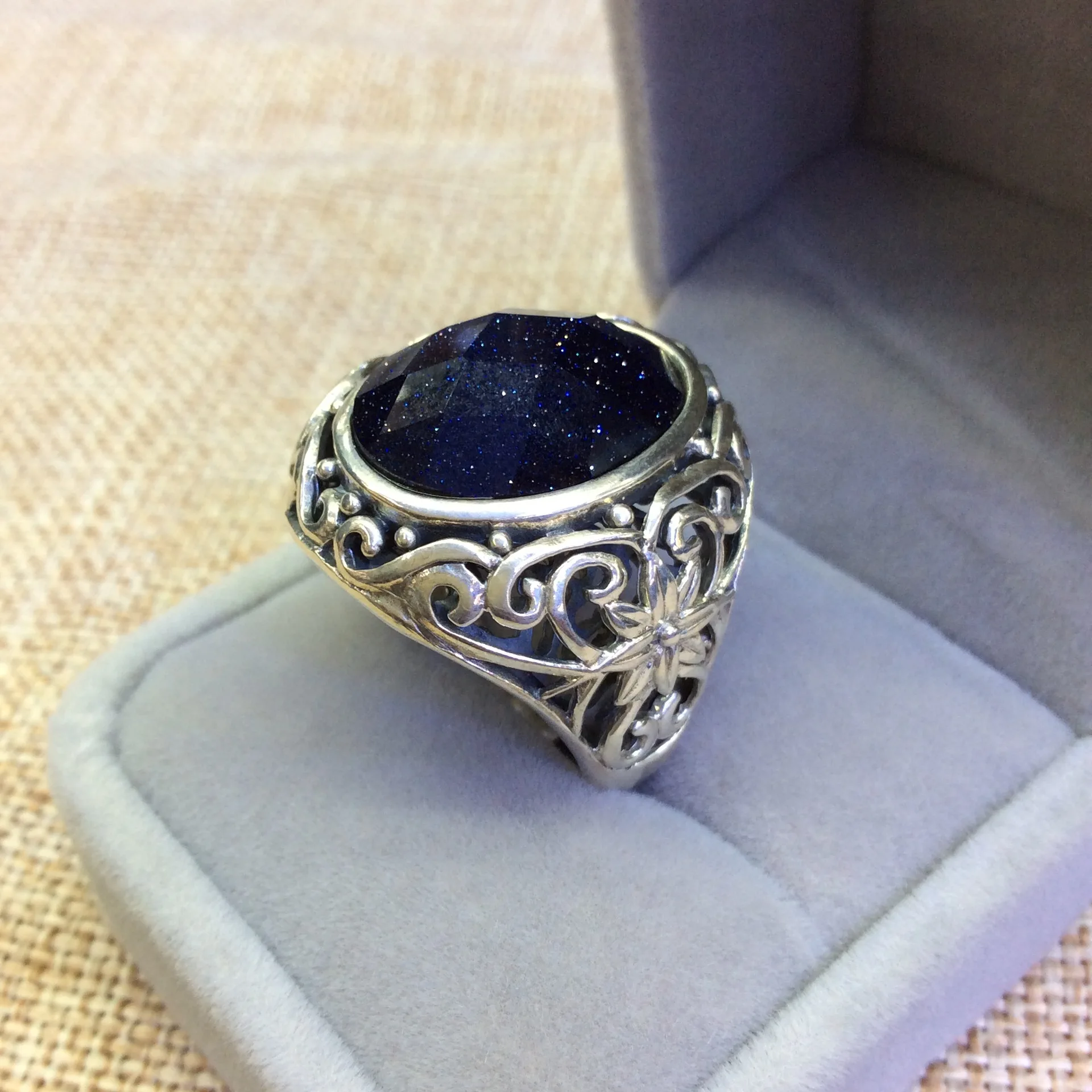[S925] серебряное инкрустированное кольцо с голубым песком и цветком|flower ring|ring opens925