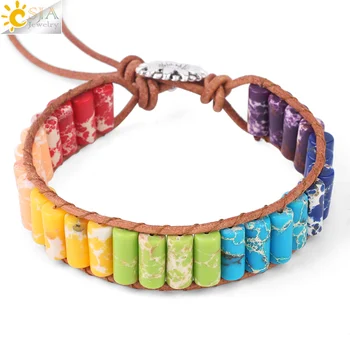 

CSJA Fashion Braided Bracelet Mixed Color Turquoises Cylindrical Stone Leather Wrap Bracelets for Women Men Couples Bangles F949