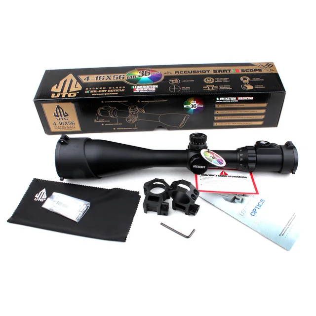 Best price at $158 Cheap Tactical UTG 4-16X56 30mm Rifle Scope AO 36-Color Glass Mil Dot Optical Sight QD Rings SCP3-UG4165AOIEW Hunting Riflescope