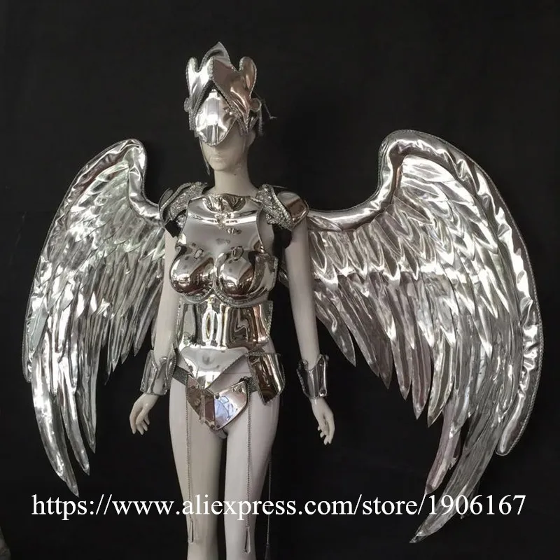 

Silver Color Mirror Clothes Victoria Dance Catwalk Shows Wings Women Stage Performance Ballrooom Costume Dancer DJ Singer Suit