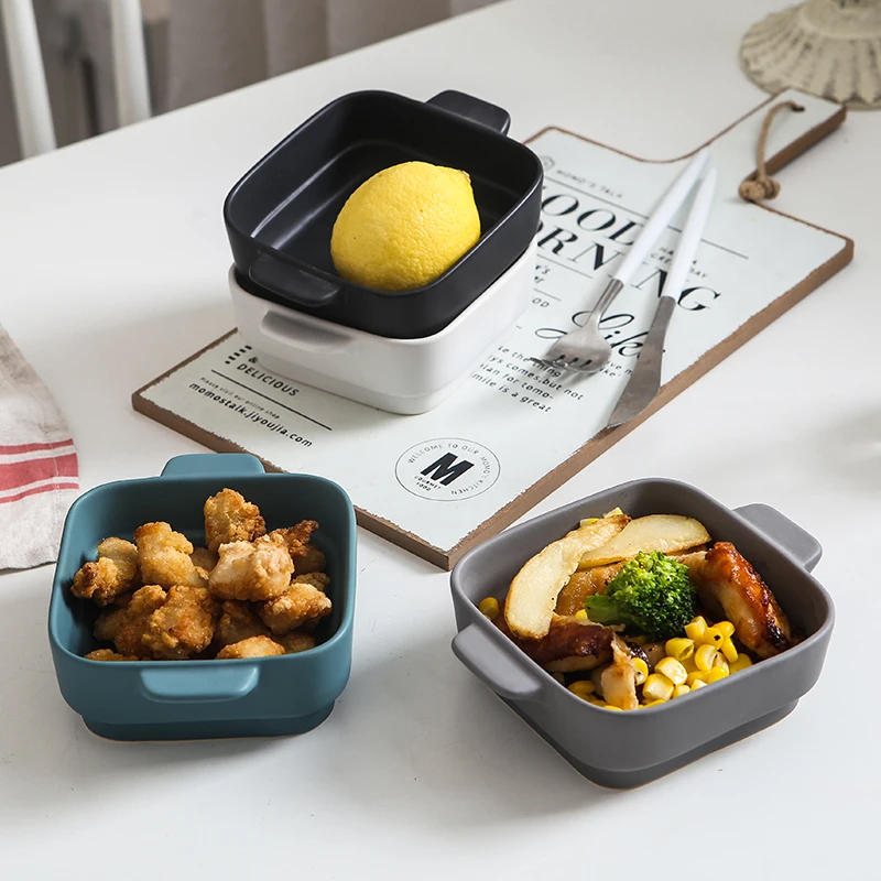 

Colorful Matte Ceramic Baking Bowl with Double Handle Salad Fruit Dessert Soup Bowl Container Dinnerware Vegetable Bowl Pan