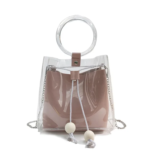 New Women Transparent Handbags Small Drawstring Bucket Bag New Women Transparent Handbags Small Drawstring Bucket Bag Round Wristband Chain Totes Beach Leather