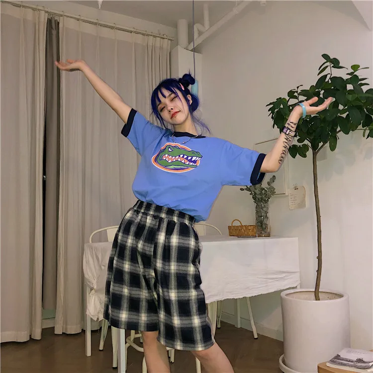 Брюки женские летние Корейский стиль Harajuku BF ретро шик Ulzzang женские прямые досуг брюки эластичные пара студентов плед Капри