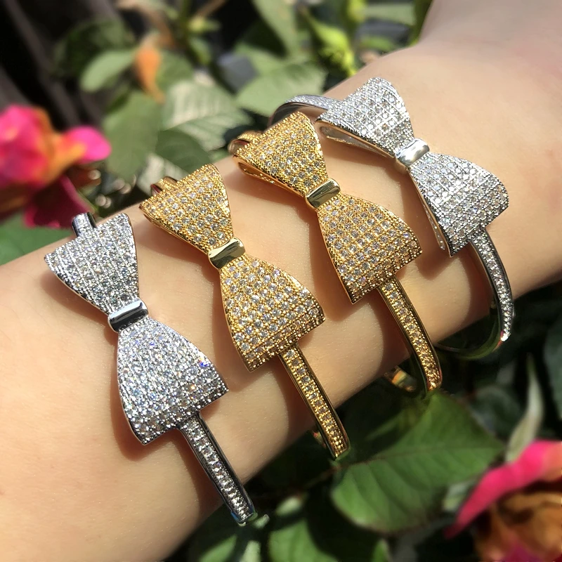 

Big Bow Shape Bracelets For Women Full Mirco Paved AAA Cubic Zirconia Charm Nail Cuff Bangles semi open arc Adjustable Bracelet