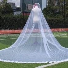 Настоящий образец Роскошная свадебная вуаль длинные кружевные накладные орнаменты 400 см длина 300 см ширина белая слоновая кость фата, свадьба Свадебные вуали veu