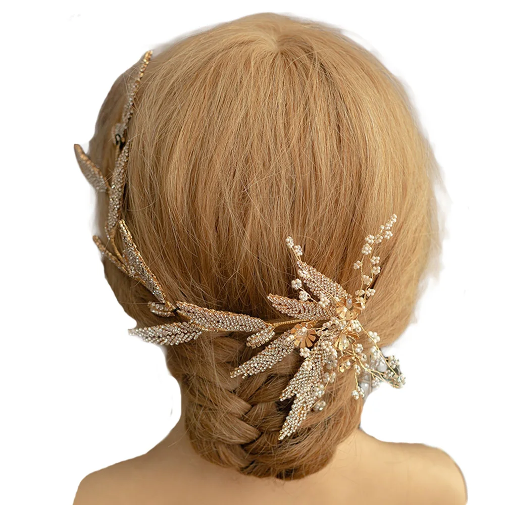 

Gold Luxurious Bridal Hair Pieces Beads Floral Vine Leaves Wedding Accessories for Bride Gorgeous Hair Clip for Wedding 2019