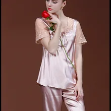 Новое поступление, женская шелковая одежда для сна, весенне-летний костюм на пуху, женский Шелковый комплект для сна, Женский однотонный Шелковый комплект