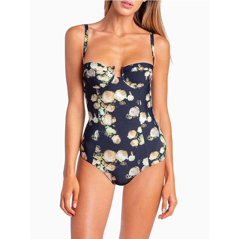 

New Style Women One-piece Swimsuits Summer Sexy Slim Fit Tiger&flower Printed Personality Concise Swimsuit