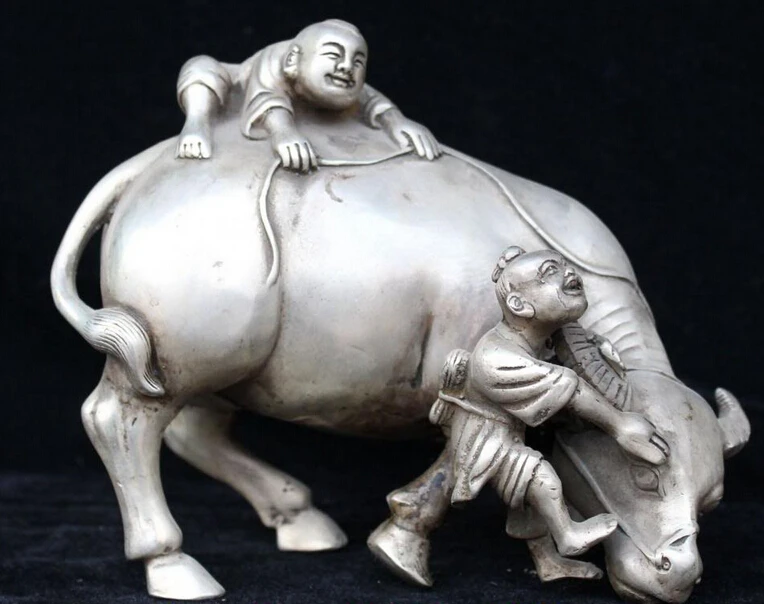 

Chinese Silver Boy Lad Ride Zodiac Year Bull Oxen Shepherd boy Statue Sculpture S0708