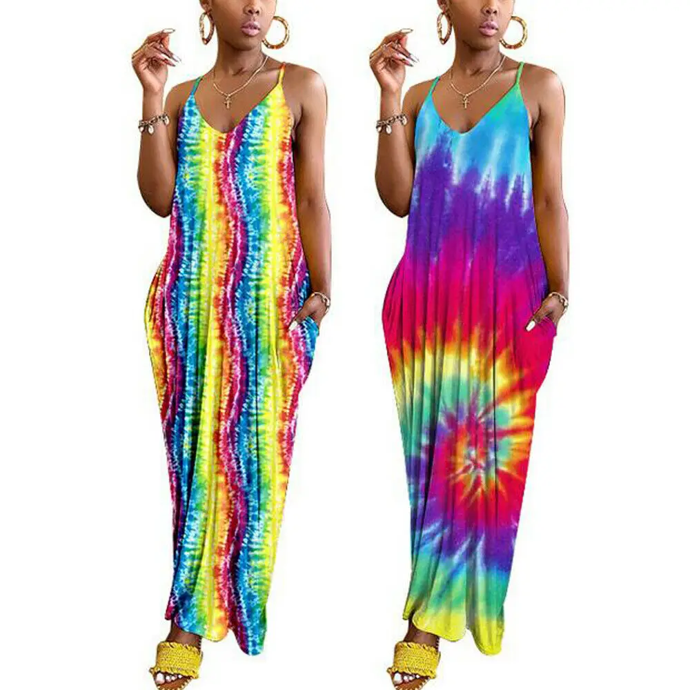 

Womens Holiday Spaghetti Strap V-neck Dresses Ladies Maxi Long Summer Boho Beach Dress Female Fashion Casual Outfits Dresses