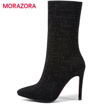 

MORAZORA big size autumn winter short plush mid calf boots pointed toe stiletto heel stretch fabric boots super high heel boots