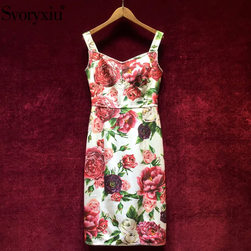 

Svoryxiu Runway Sexy Sheath Package Buttocks Dress Women's Charming Floral Print Beach Holiday Spaghetti Strap Dress Summer