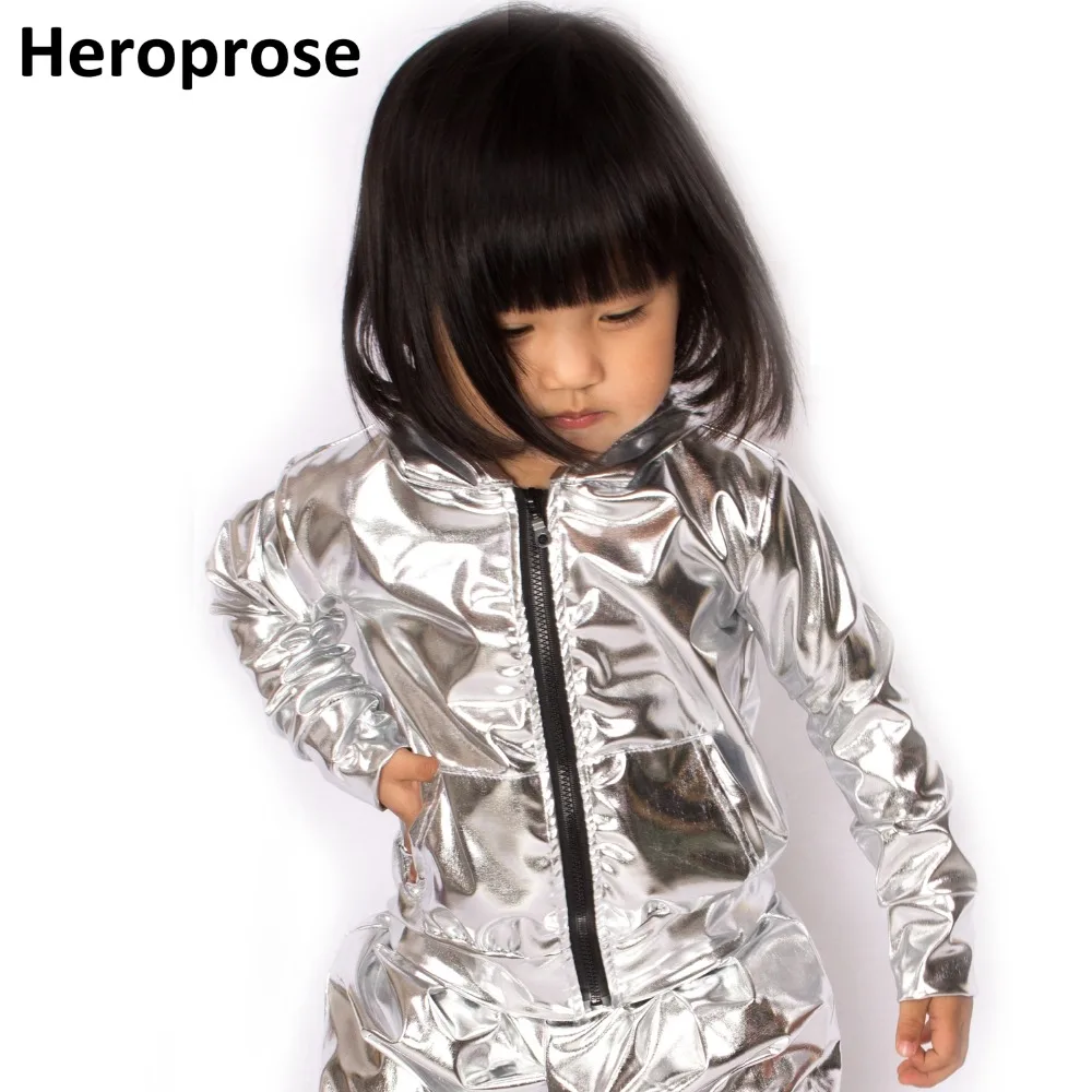Koop Lente Herfst Kids Zilver bomberjack Stage Prestaties Slijtage paillette feminina casaco Hiphop dance jas