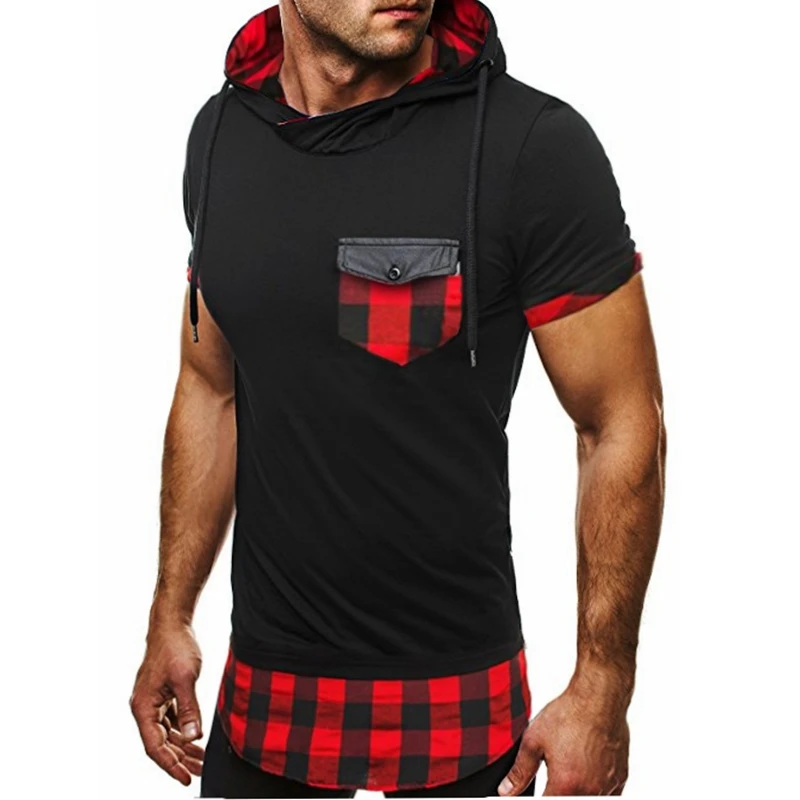 

Dropshipping T Shirt Men Brand 2019 Summer Hooded Collar Patchwork Plaid Tees Men Slim Fit Short Sleeve Tshirt Homme Plus Size