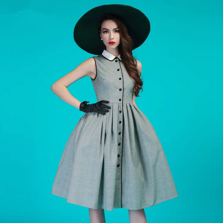 Женская Ретро стиль 50 х Одри Хепберн серый в клетку с воротником стиле Питер Пэн