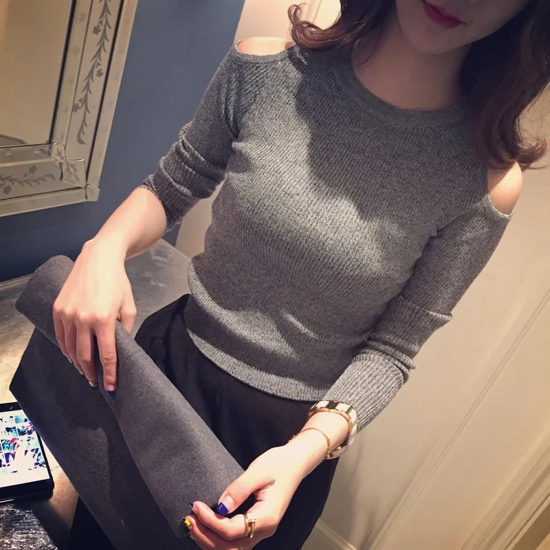 

2019 O-Neck Sexy Fashion Casual Pullovers Shoulder Femme Korean Sleeve Pullover Woman Long Solid Tops Sweaters