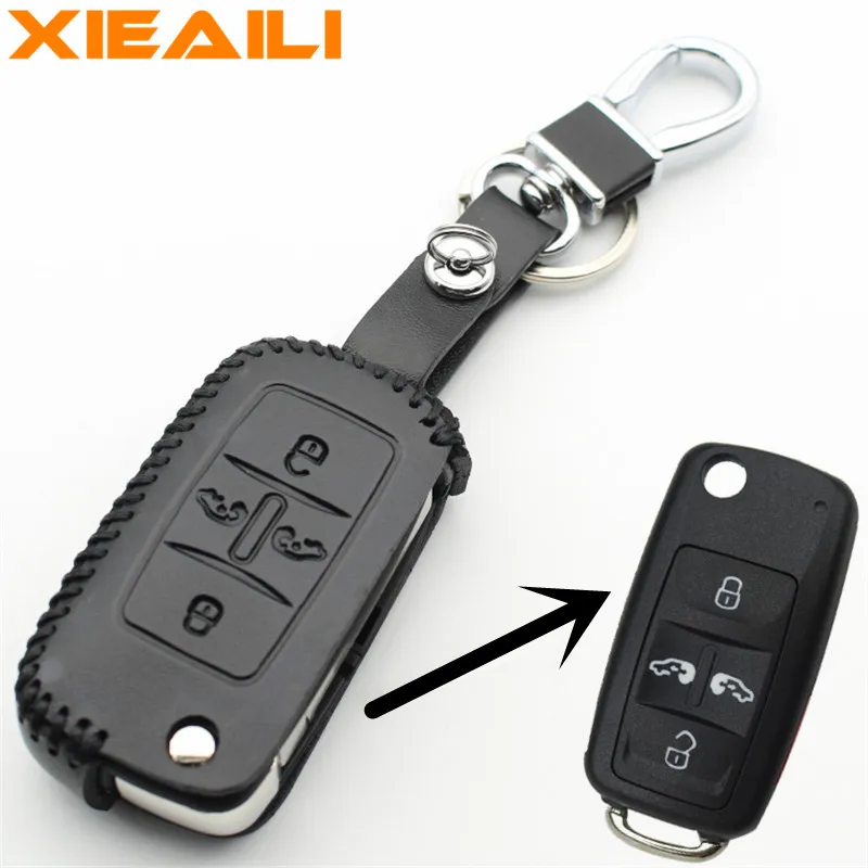 

XIEAILI Genuine Leather Car Styling 4Button Flip Remote Key Case Cover For Vw Sharan/Multivan M158