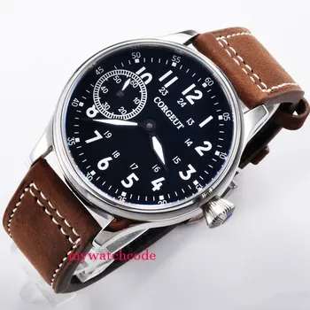 

44mm Corgeut black dial white marks asia 6497 hand winding movement mens wristwatch