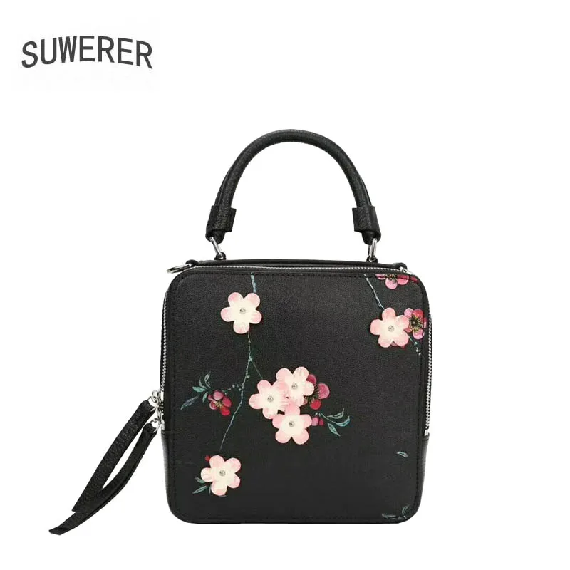 

SUWERER women leather handbag Superior cowhide Luxury printing Flower bag tote women Genuine Leather bag fashion women small bag