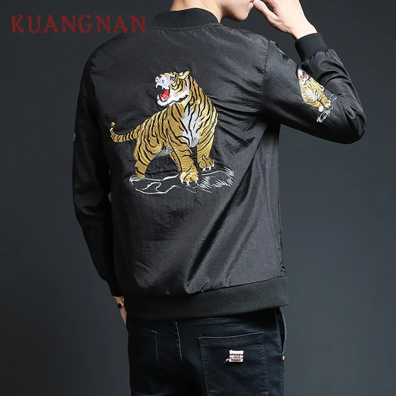 

KUANGNAN Chinese Style Men Jacket Coat Tiger Embroidery Streetwear 5XL Men Jacket Coat Black Bomber Jacket Men 2018 Autumn