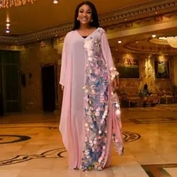 Африканская одежда, расшитое блестками розовое Макси платье 2019, элегантное с v-образным вырезом и длинным рукавом, свободное вечернее