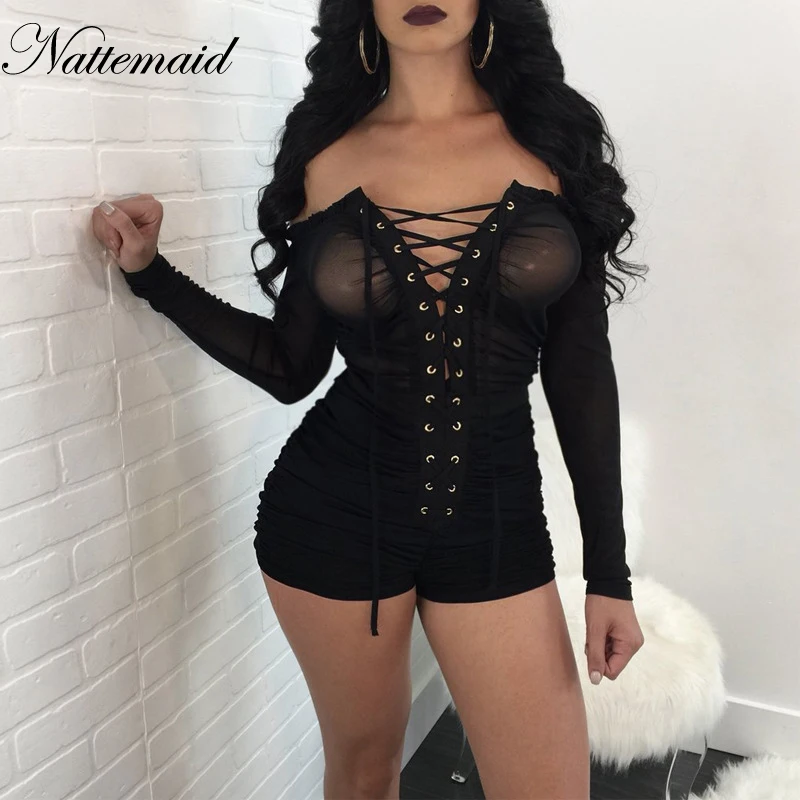

NATTEMAID Women Lace Strapless Jumpsuit Bodycon Playsuit Women Clubwear Beach Party Short Romper Suit 2018 Sexy Mesh Overalls