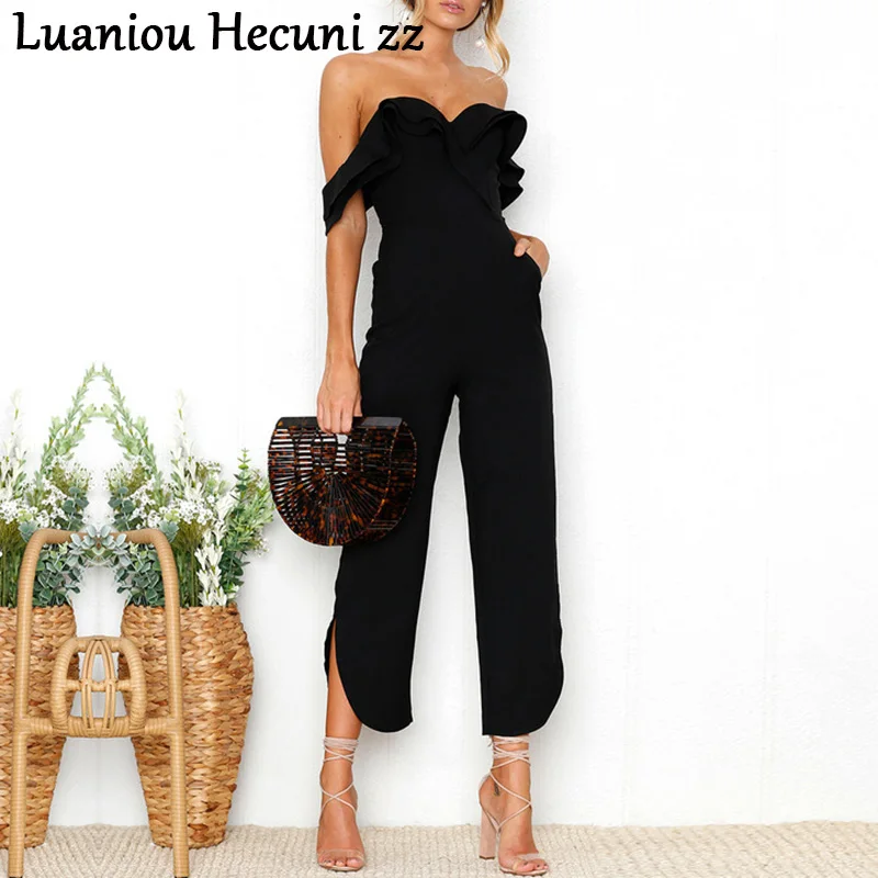 

Chu Ni Sexy off shoulder backless black jumpsuit women ruffle high waist jumpsuits romper Pockets casual overall female ON64