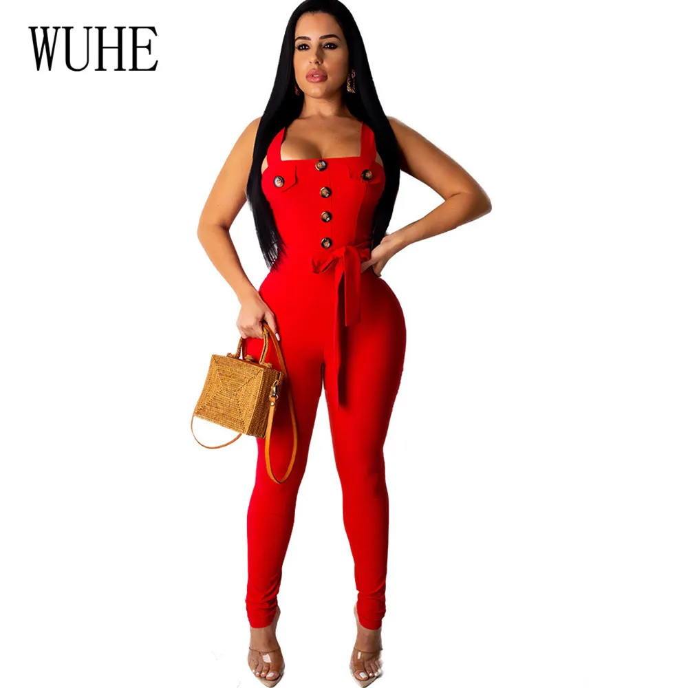 

WUHE Fashion Elegant Jumpsuits Sexy Spaghetti Strap Button with Belt Bodycon Playsuits Summer Bandage Femme Night Party Overalls