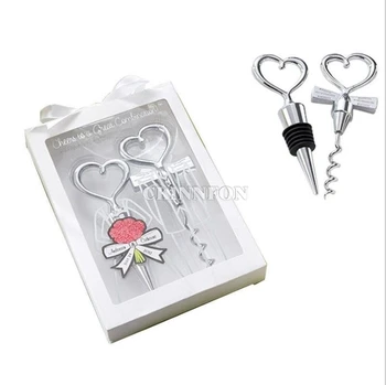 

500Pcs/Lot(250sets)/lot Heart Shape Combination Couple Wine Bottle Opener Corkscrew And Stopper Set Wedding Souvenirs For Guest
