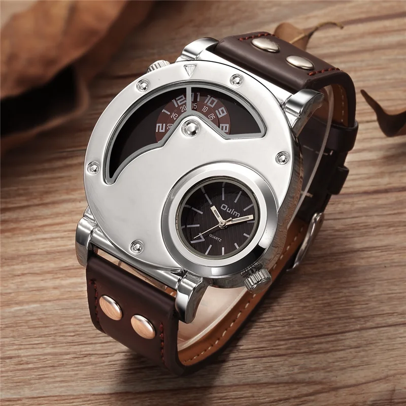 Oulm Two Time Zone Men's Watches Soft PU Leather Unique Male Quartz