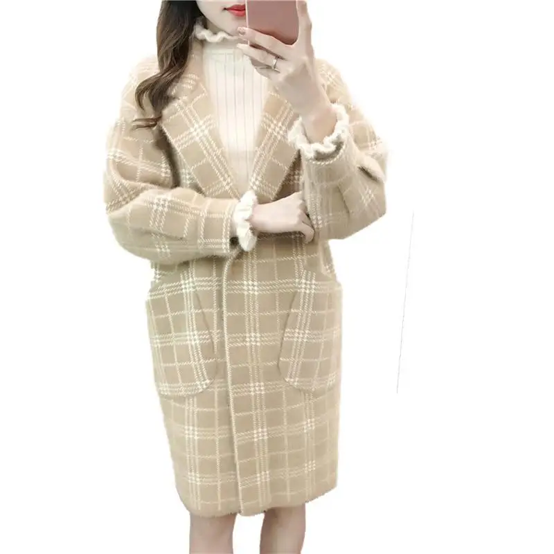 

Women 2019 Spring Auutmn Faux Mink Cashmere Sweater Female Lantren Sleeve Cashmere Cardigans Lady Solid Plaid Knitted Coat V713