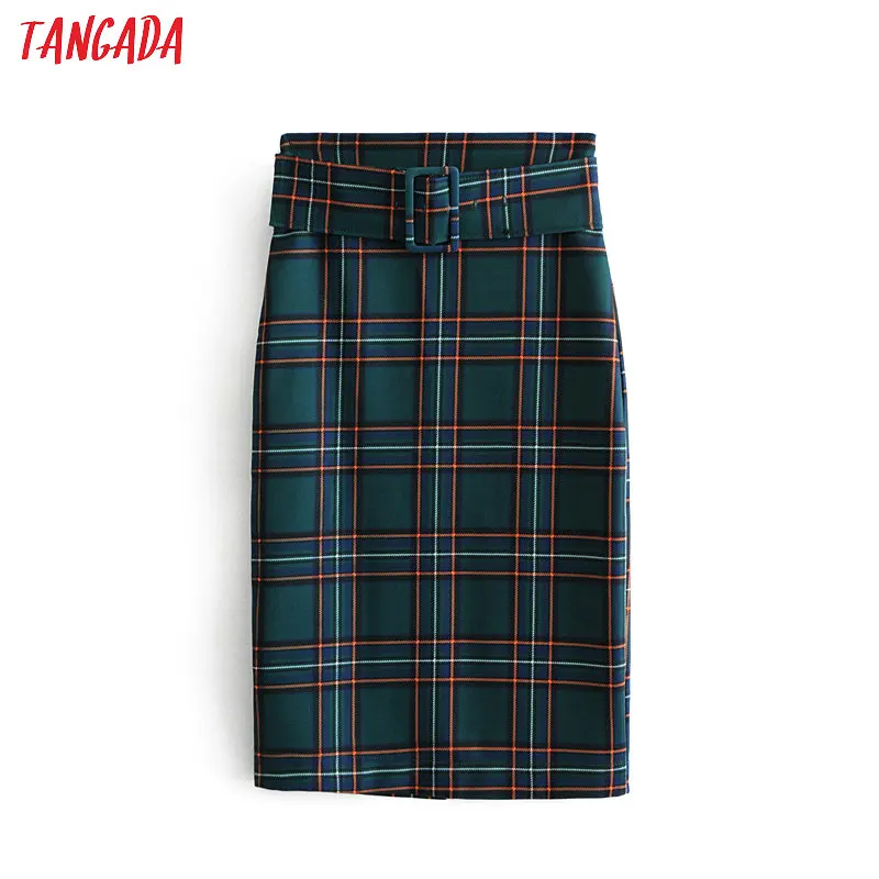 En Ligne Tangada mode femmes vert plaid jupe vintage élégant dames jupe avec ceinture mujer rétro mi mollet jupes 6A77