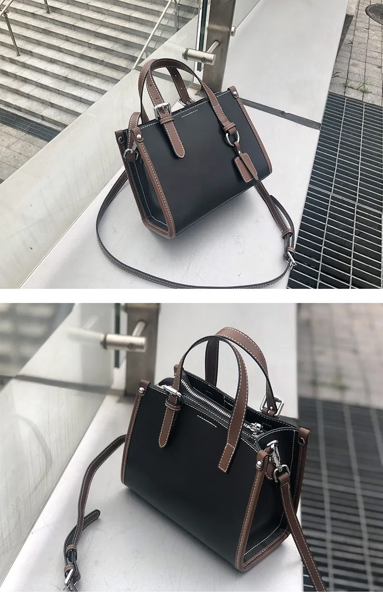 Color Blocking Daily Purse OL Business Tote Bag Genuine Leather Women's Shoulder Bag Small Top-handle Handbag