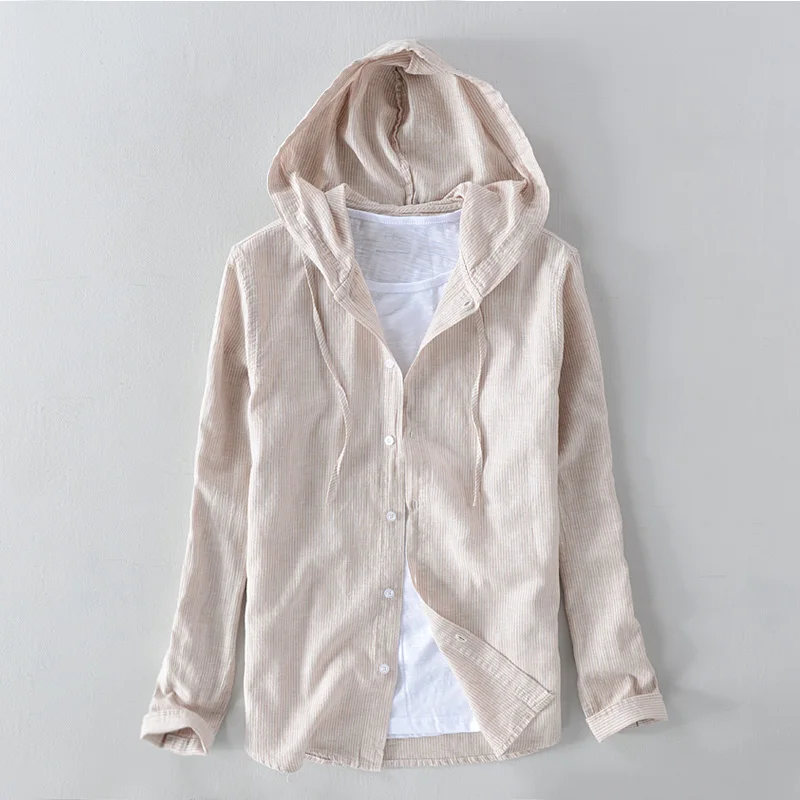 

Suehaiwe's brand long-sleeved hooded shirt men linen and cotton autumn men shirts casual fashion apricot shirt male camisa