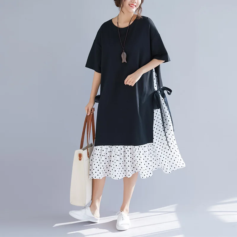 Новинка, корейский стиль, лоскутные свободные летние женские платья с круглым вырезом, повседневные платья больших размеров - Цвет: Черный