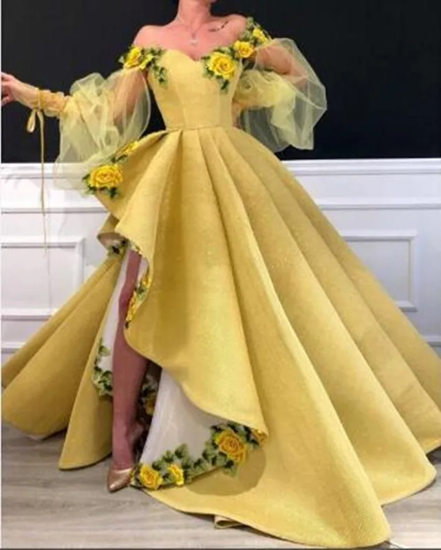 Элегантные желтые Формальные платья с длинным рукавом для выпускного вечера Асимметричные атласные аппликации с открытыми плечами вечерние платья Robe De Soiree