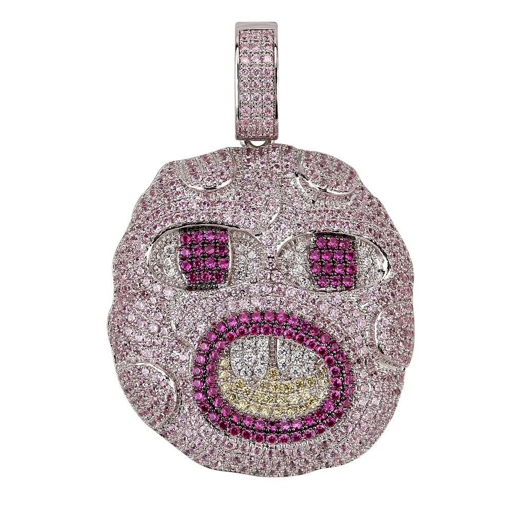 Iced Out Emoji Pendant Necklace Mens Silver Color Personalized Charm