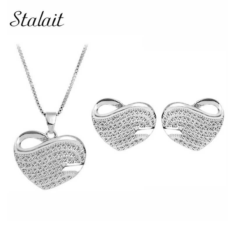 

new Wedding Silver Color wholesales Czech Rhinestones Heart Love Pendant fashion Necklace Earrings Jewelry Sets 300