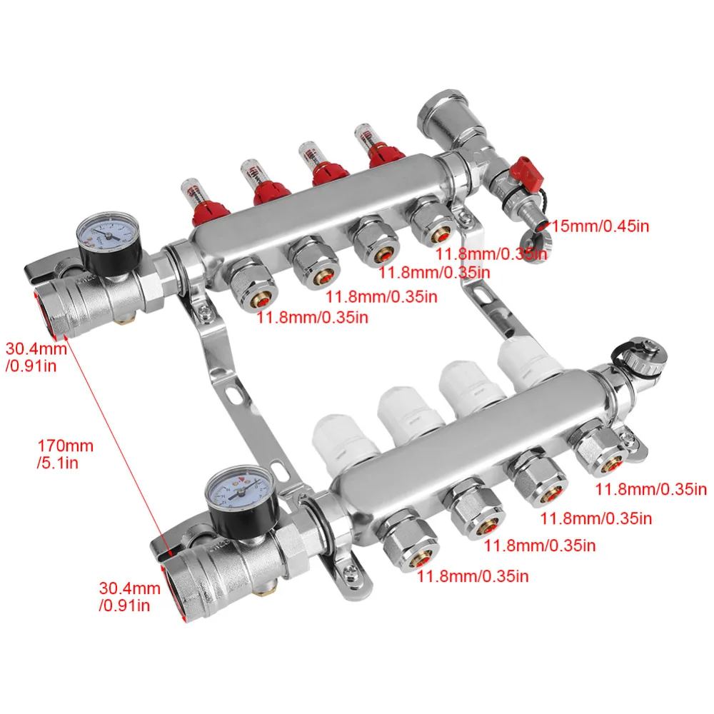 4-филиал Нержавеющая сталь напольного отопления набор коллектора регулируемый поток клапаны Система нагрева инструмент