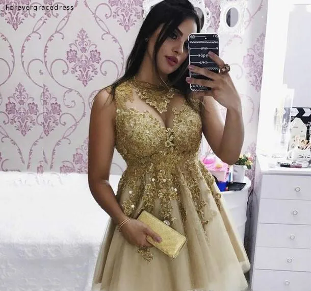 

Gold Lace Cocktail Dresses 2019 A Line Knee Length Tulle Girls Graduation Homecoming Party Gowns Plus Size Custom Made
