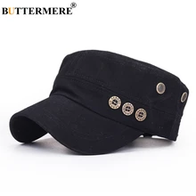 BUTTERMERE Black Men Military Hat With Buttons Spring Summer Vintage Captains Hat Male Casual Cotton Baseball Caps Flat Top